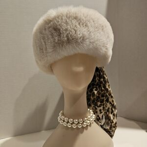 Unique Luxurious Beige Faux Fur Headband with Leopard Print Scarf Versatile NWT